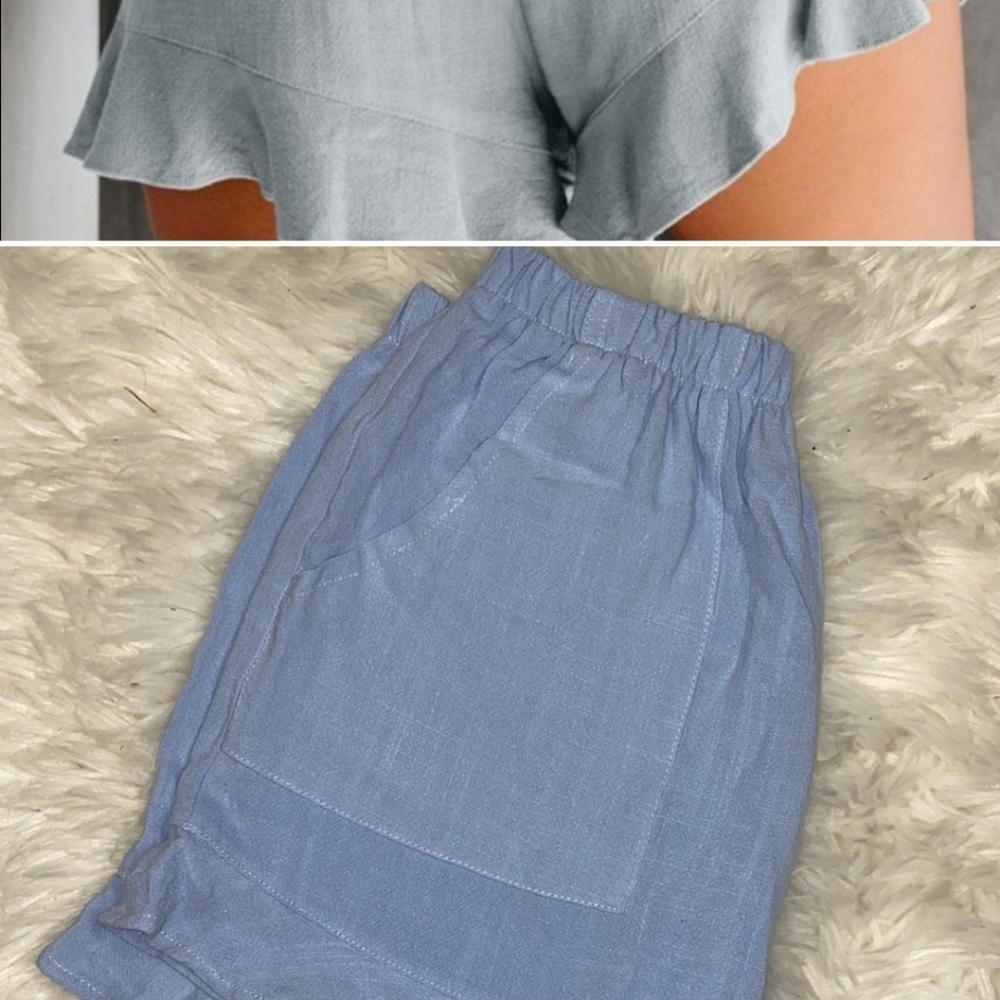 Light Blue Summer Ruffled Linen Shorts